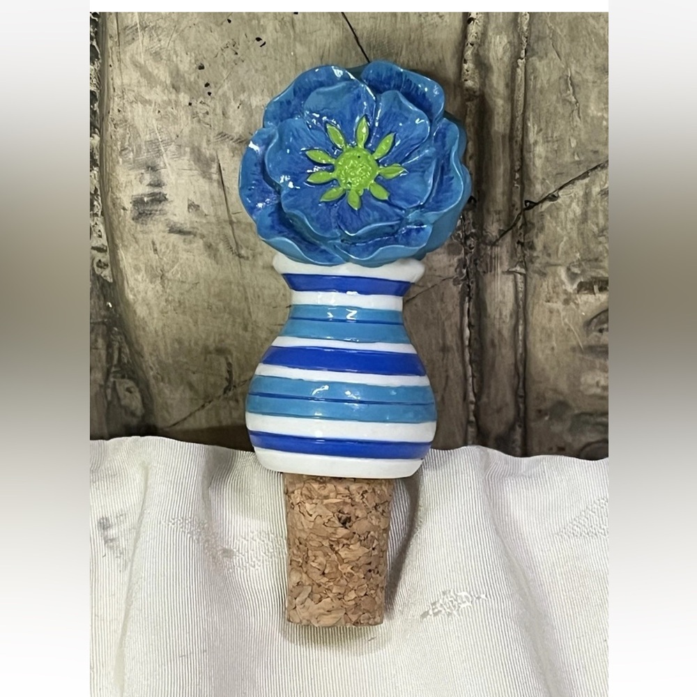 Handmade Ceramic Flower Wine Stopper Cork Blue & White Stripes Green Center